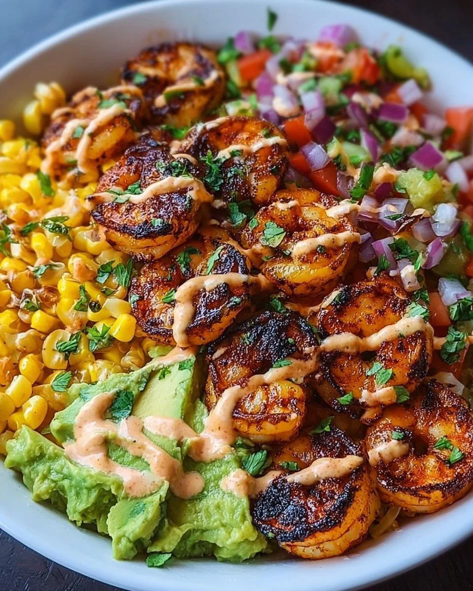 Grilled Shrimp Bowl with Avocado, Corn Salsa &amp; Creamy Garlic Sauce