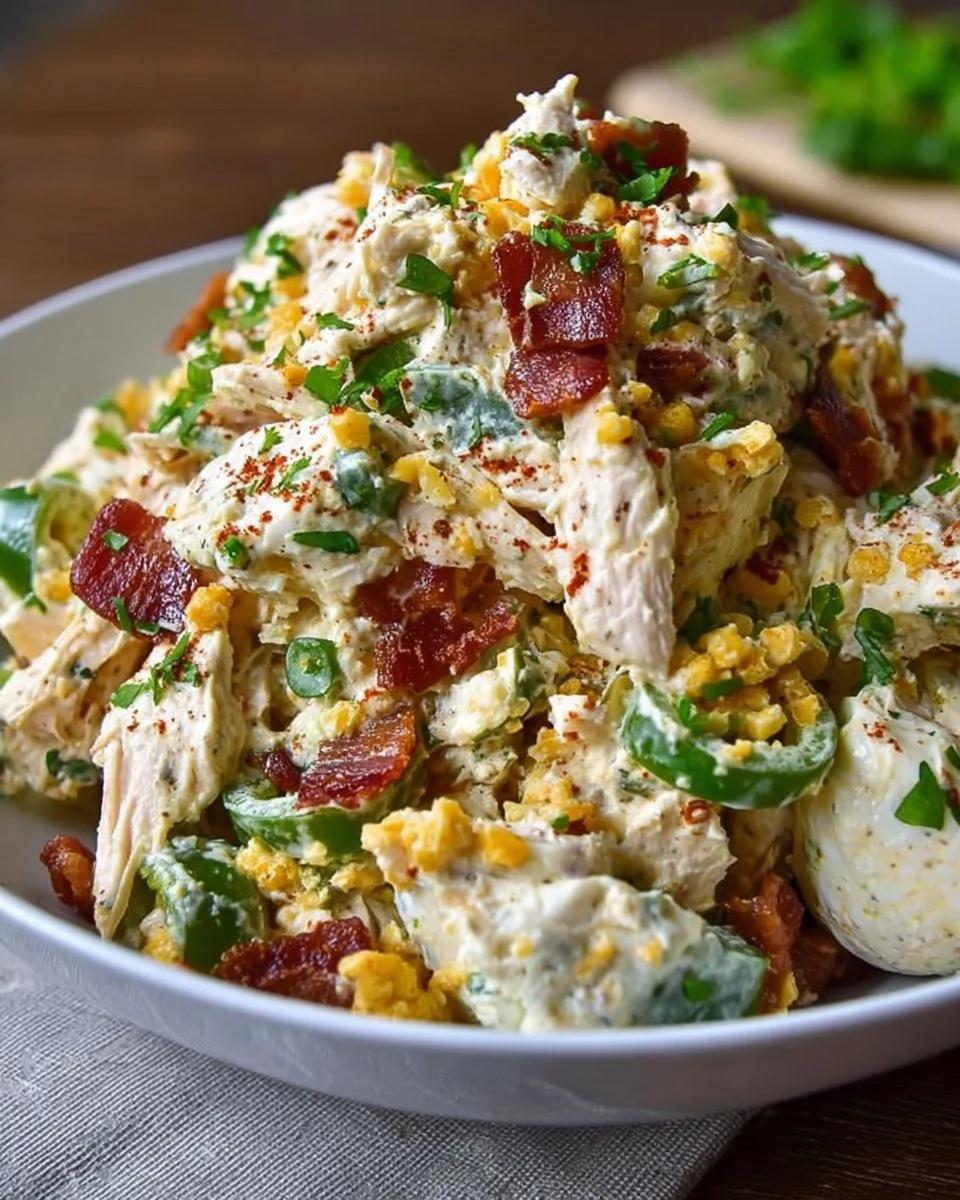 High Protein Jalapeno Popper Chicken Salad Recipe – Low Carb Chicken Salad with Bacon, Cheese &amp; Jalapeños