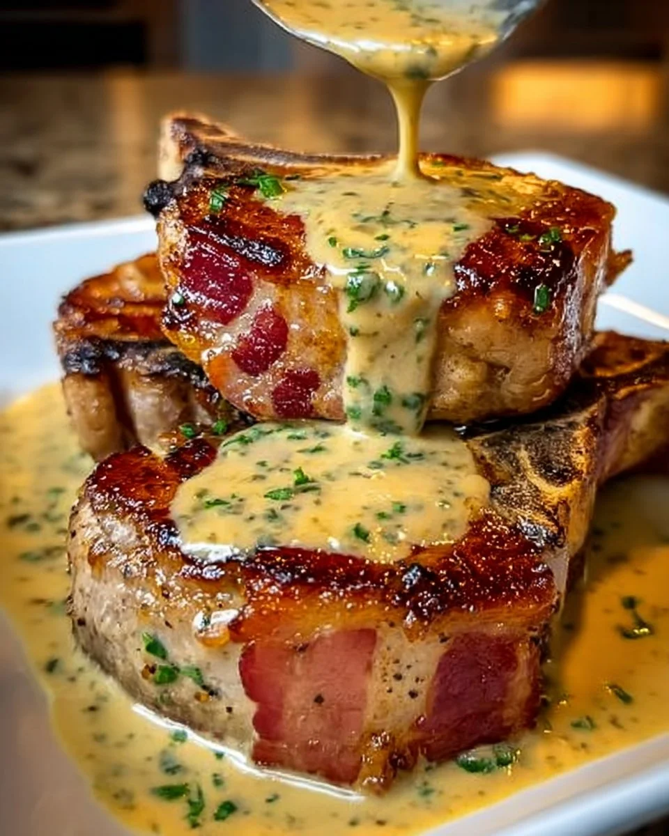 Indulge in Maple Bacon Pork Chops with Dijon Cream Sauce