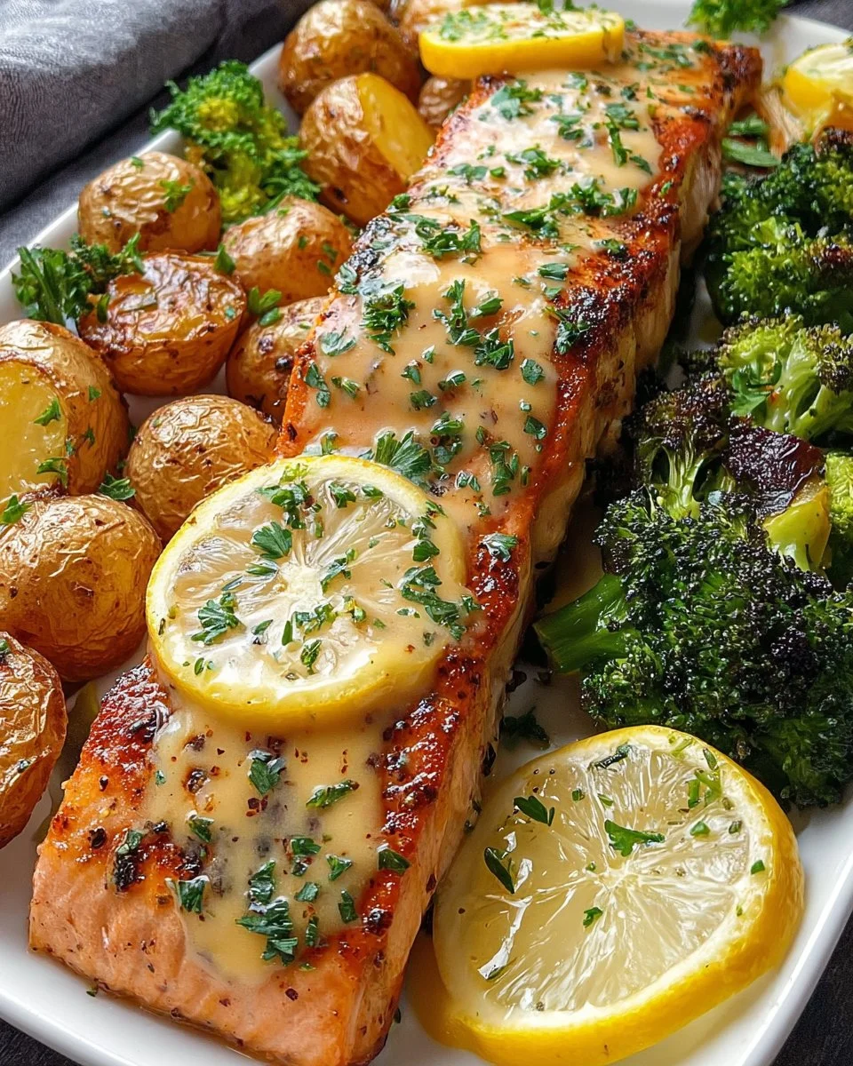 Lemon Butter Salmon with Crispy Potatoes and Broccoli