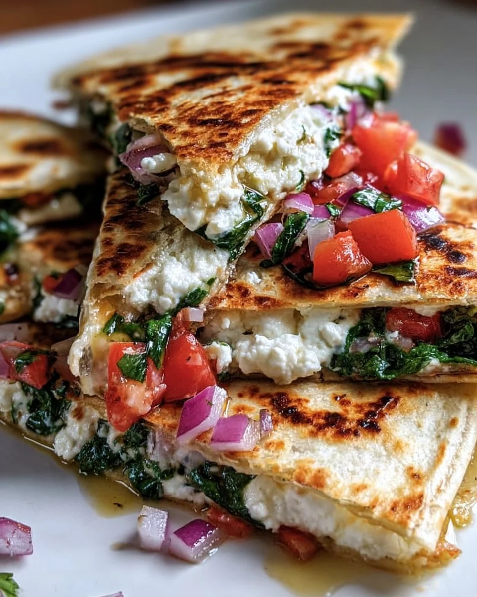 Mediterranean Quesadillas with Spinach, Feta, Mozzarella, and Red Onion