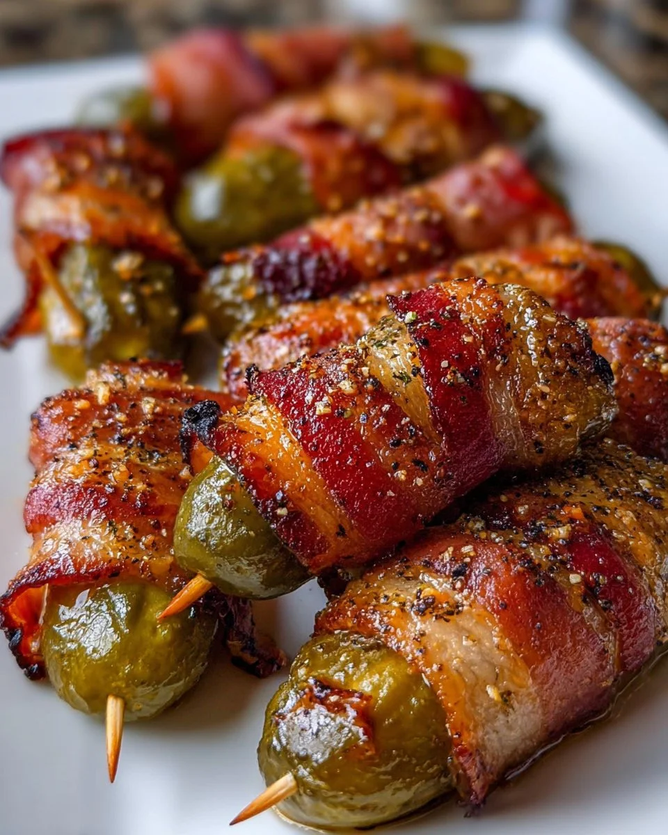Bacon-wrapped pickles garnished on a plate, perfect for snacking and appetizers.