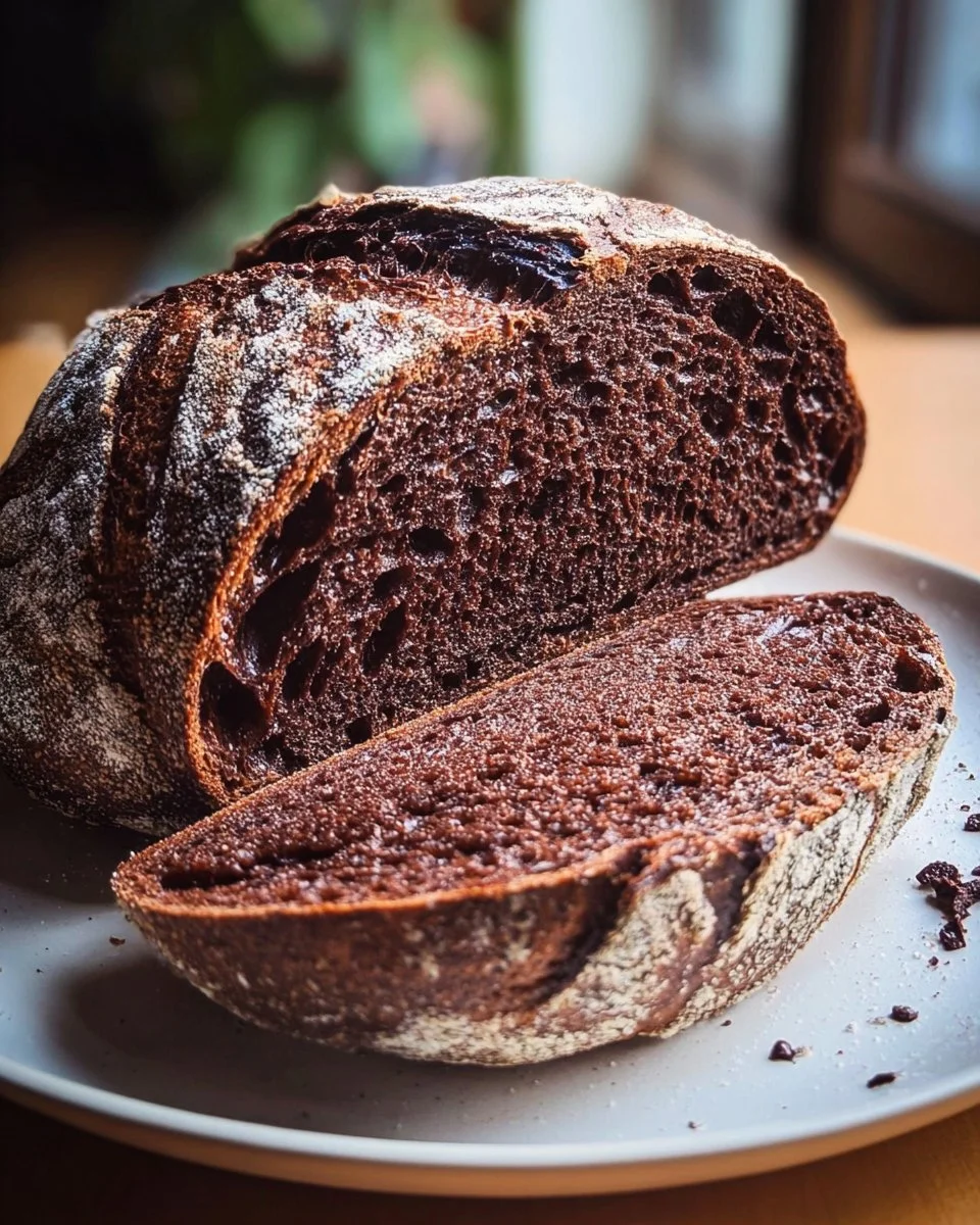 Loaf of chocolate sourdough bread fresh out of the oven.