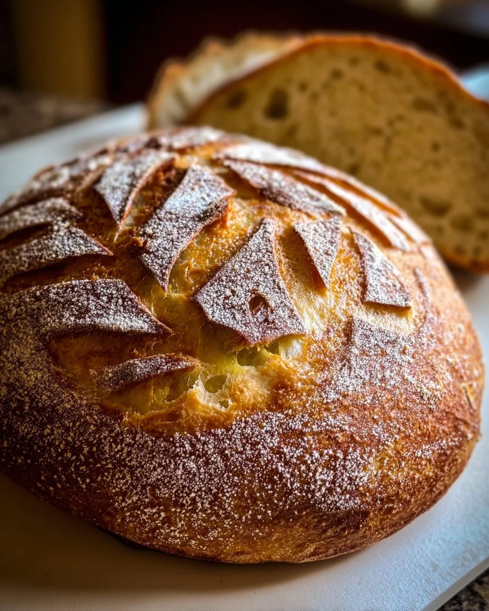 Classic artisan sourdough bread with olive oil and honey drizzled on top.