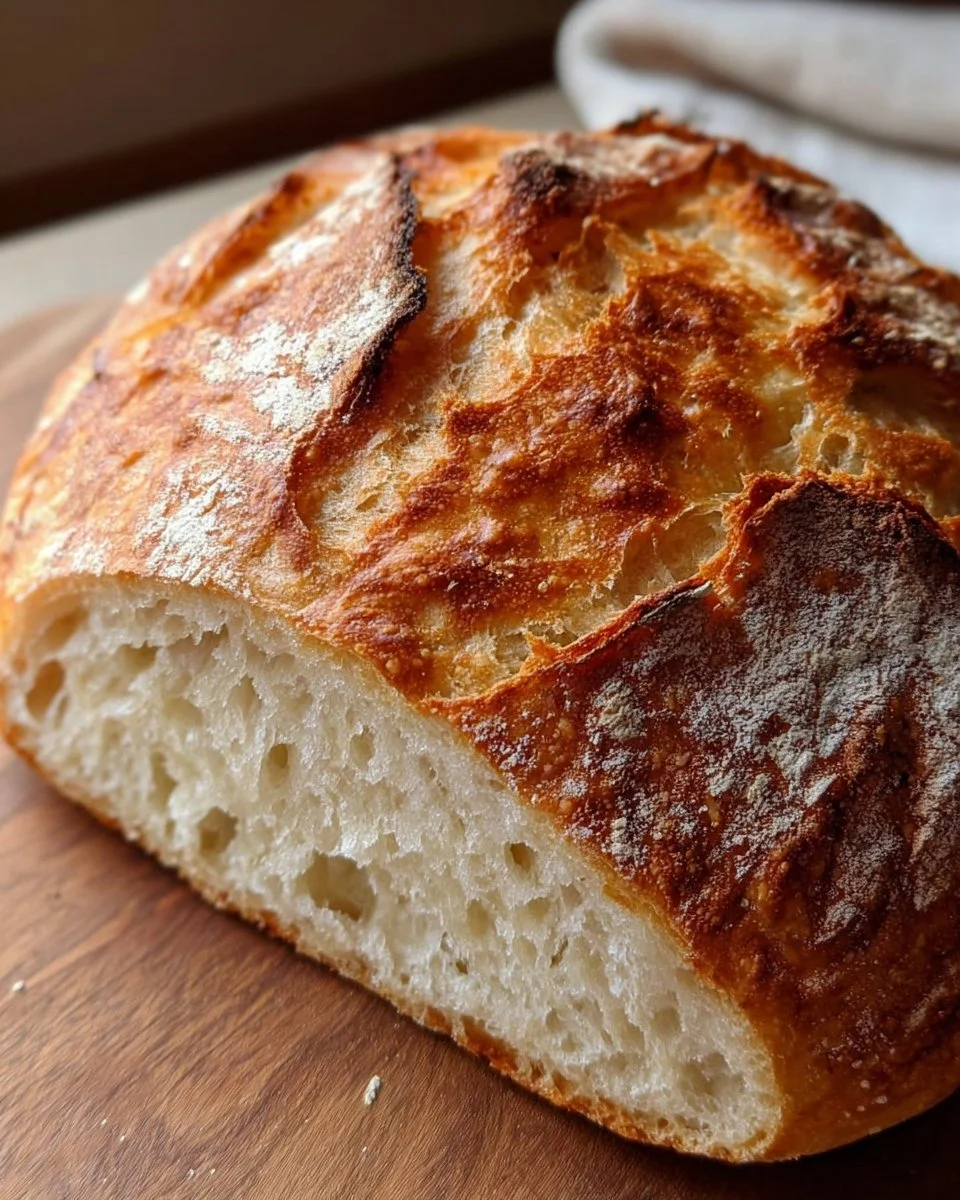 Freshly baked one-day sourdough bread on a wooden cutting board