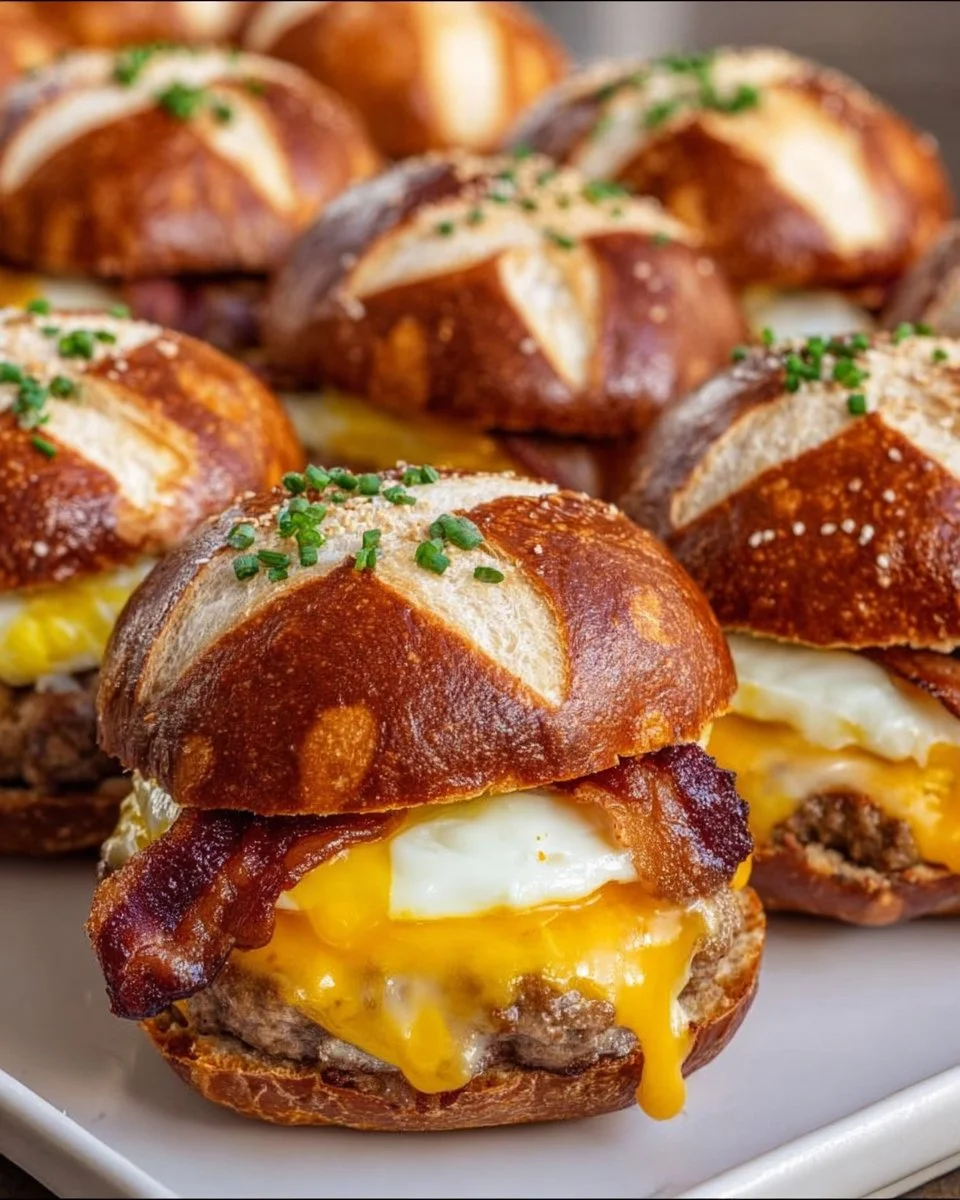 Breakfast Sliders on Pretzel Buns