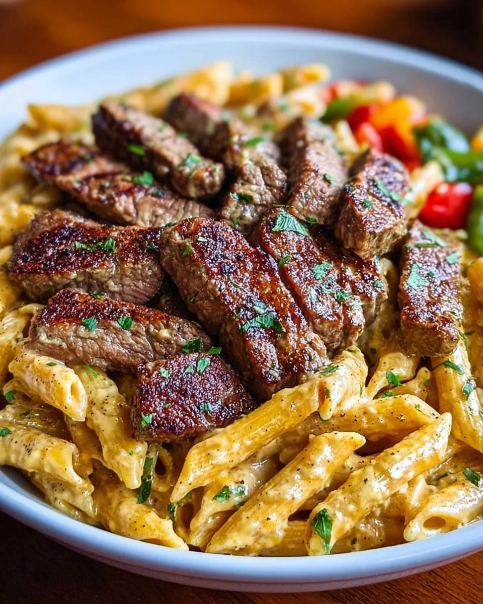 Cajun Steak Tips in Cheesy Penne Parmesan Sauce