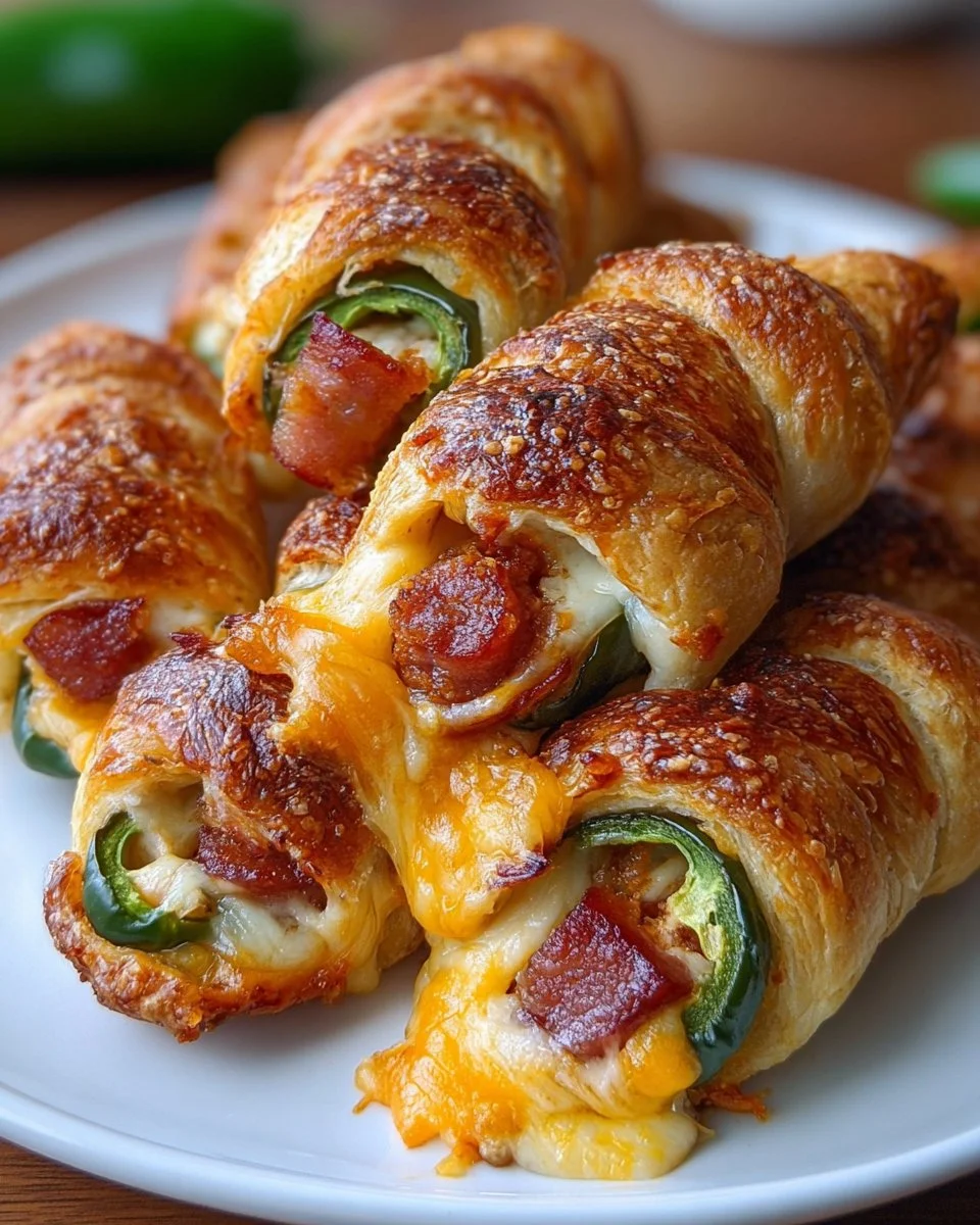 Cheesy chili dog jalapeño poppers wrapped in crescent rolls on a serving platter.