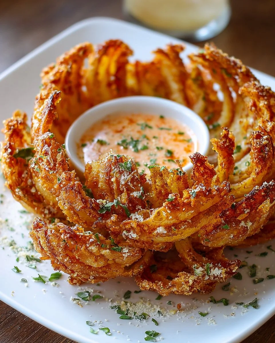 Crispy air fryer blooming onion recipe with golden batter and onion petals