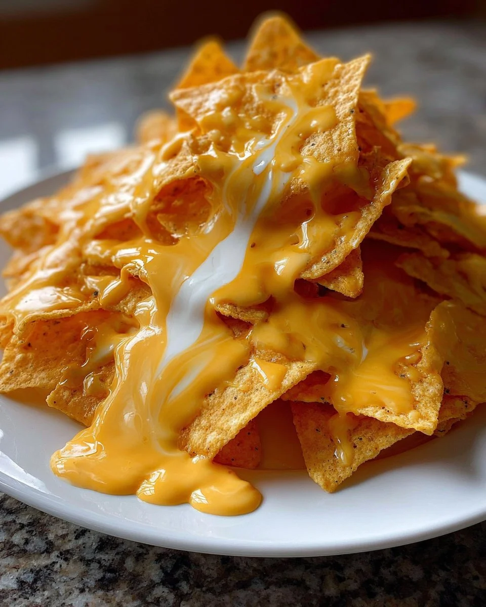 Homemade nacho cheese served with crispy tortilla chips.