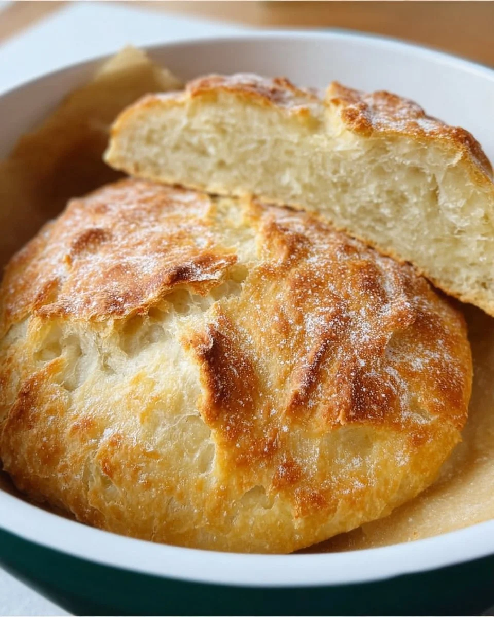 Freshly baked no-knead bread loaf on a wooden table