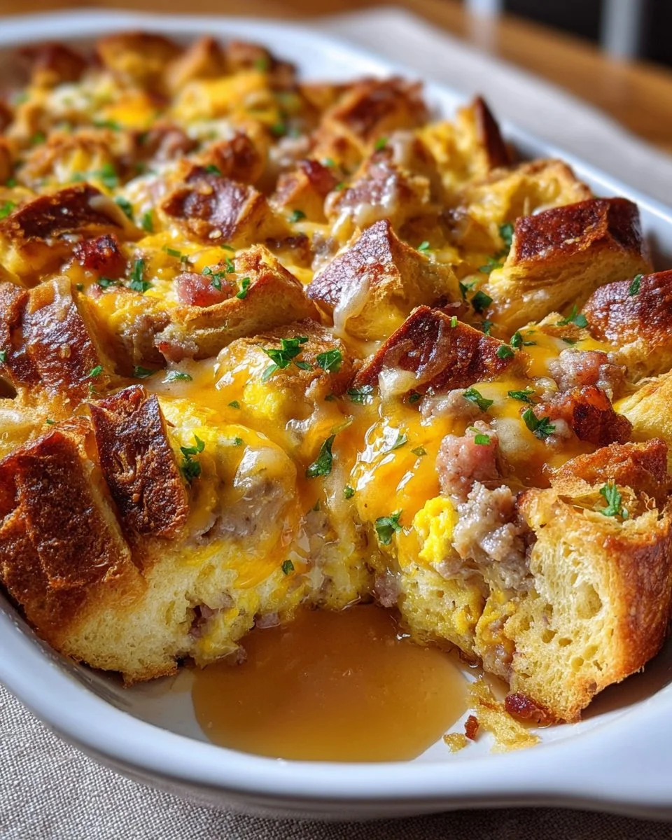 Overnight Croissant Breakfast Casserole Bake with Gravy