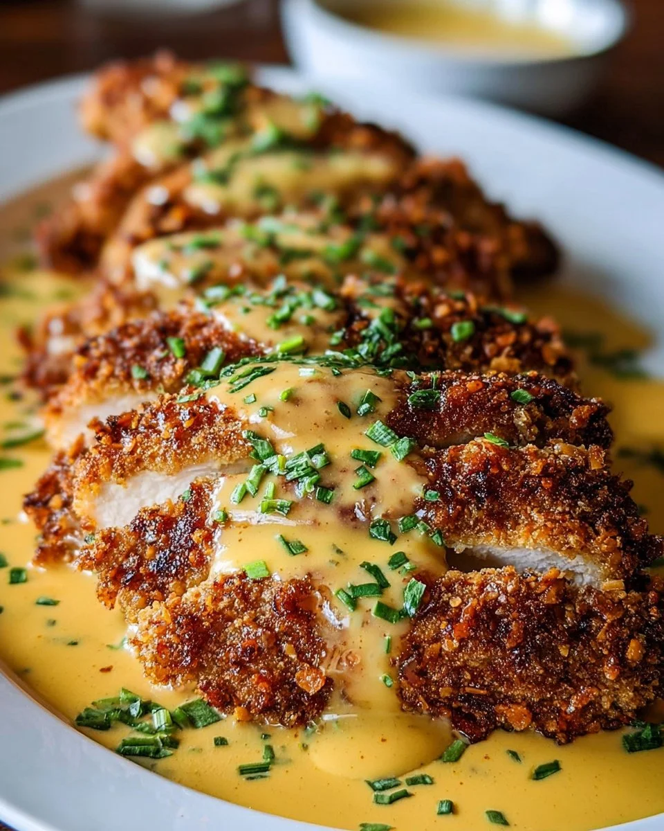 Pretzel-Crusted Chicken with Creamy Mustard Cheddar Sauce