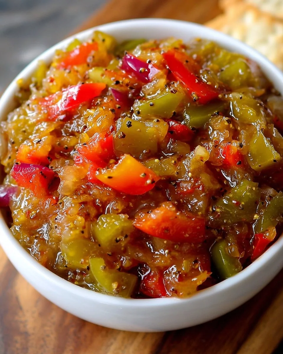 Homemade sweet and tangy old-fashioned pepper onion relish in a jar